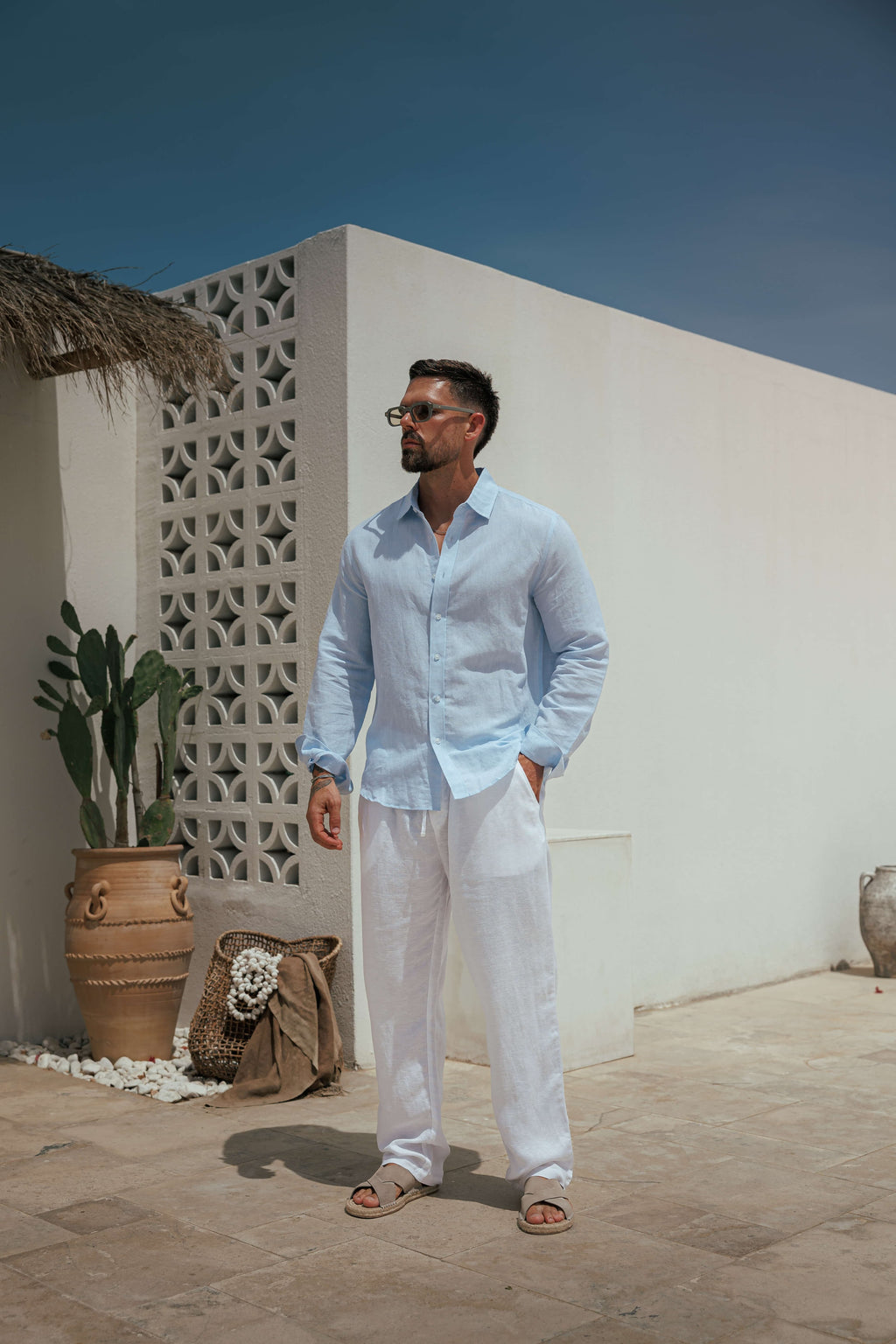 Camicia di Lino a Manica Lunga Uomo Collo Classico