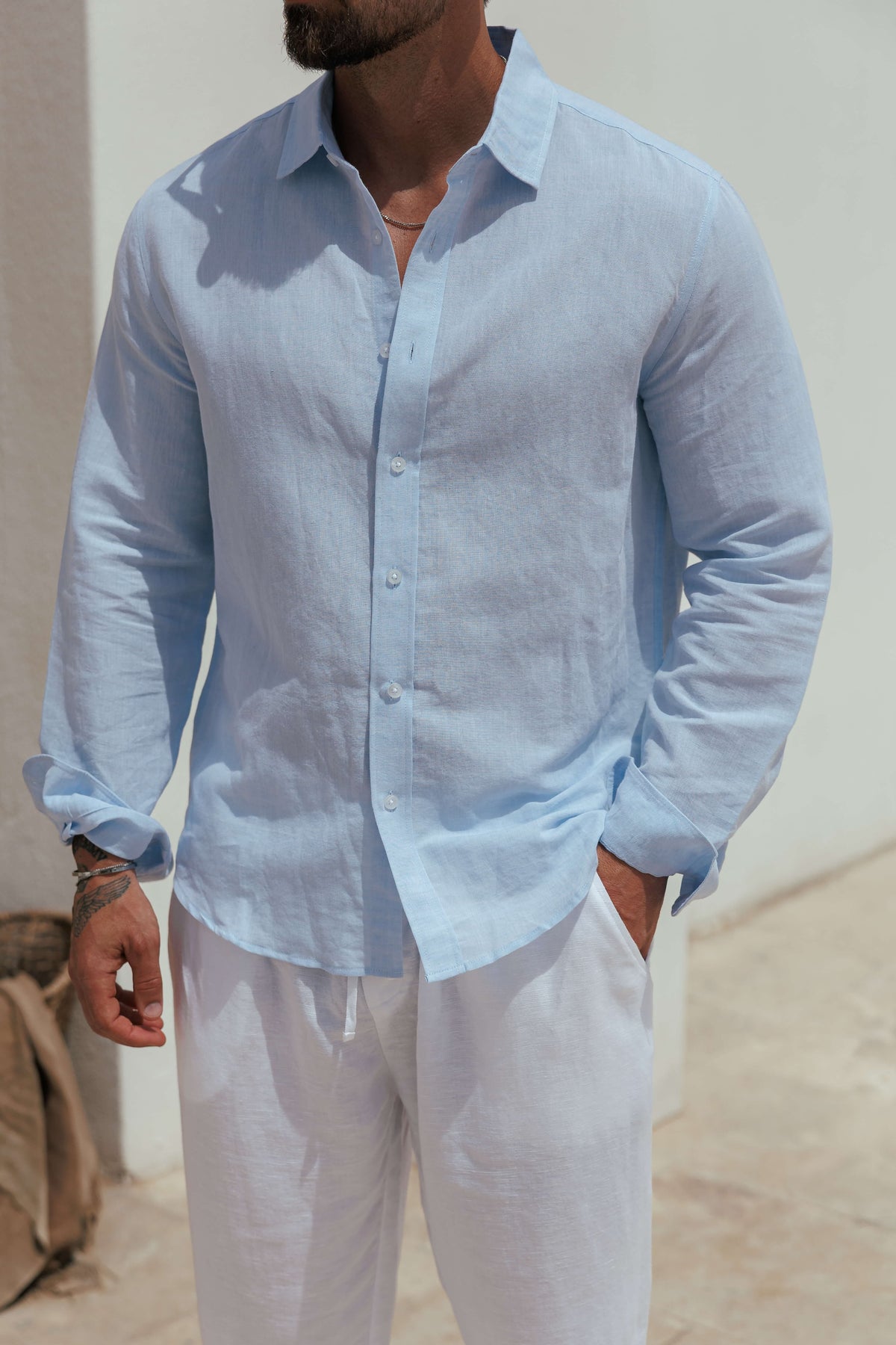 Camicia di Lino a Manica Lunga Uomo Collo Classico