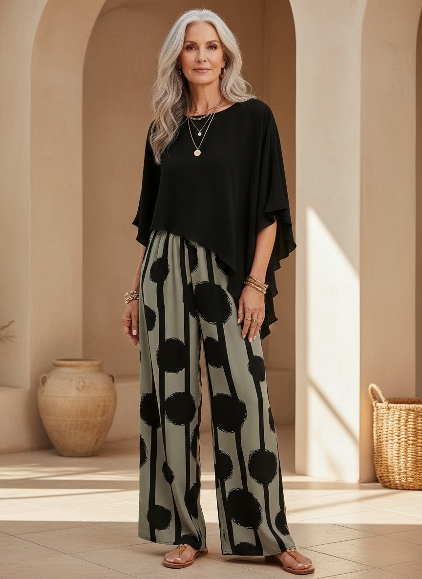 Soledad | Completo Casual a Due Pezzi Top Asimmetrico e Pantalone Gamba Larga Donna Stampato